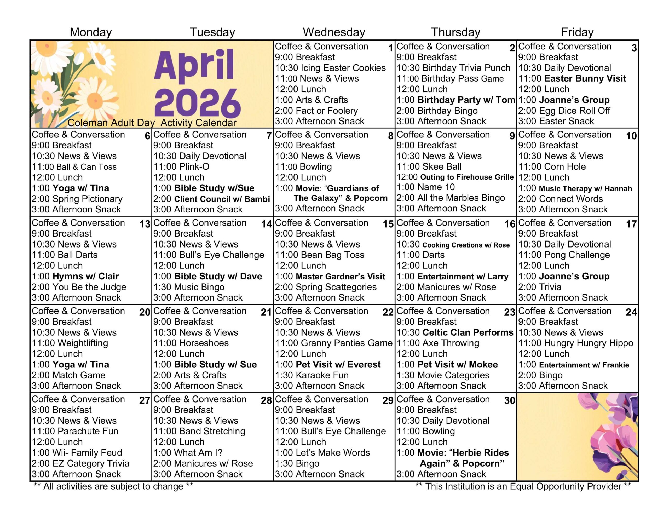 April 2026 Activity Calendar for Coleman Adult Day featuring daily morning coffee, lunch, and rotating afternoon events.