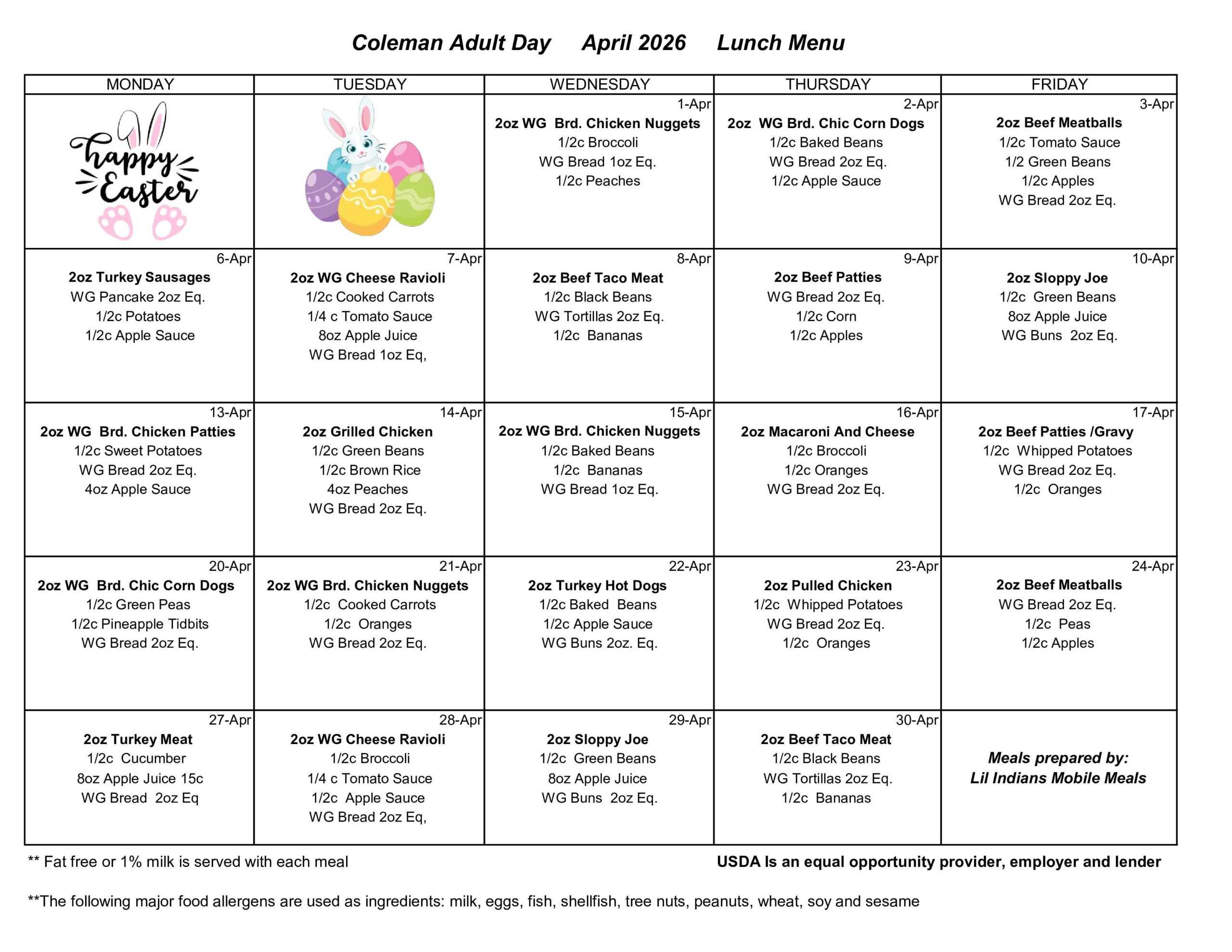 April 2026 Lunch Menu for Coleman Adult Day featuring daily rotating main courses, vegetables, fruits, and whole grains.