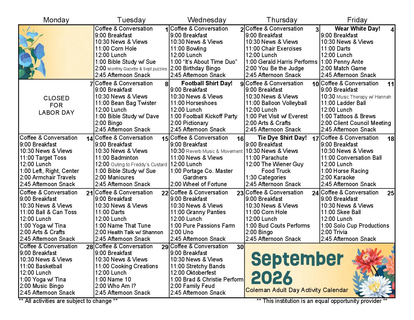 August 2026 Activity Calendar