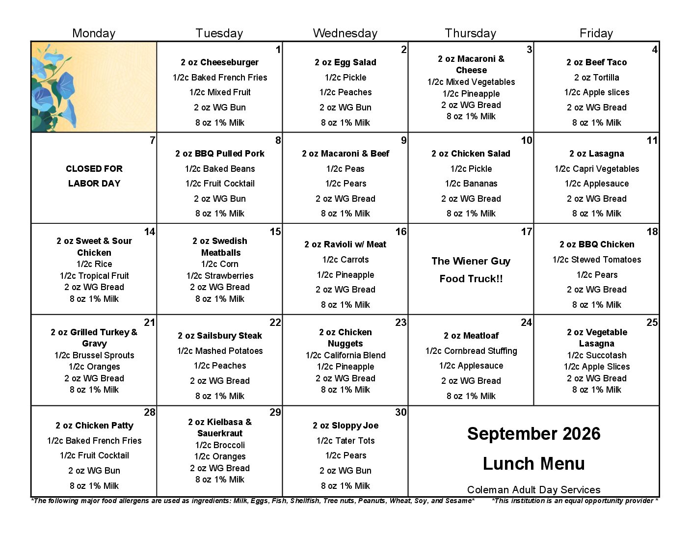 August 2026 Lunch Menu