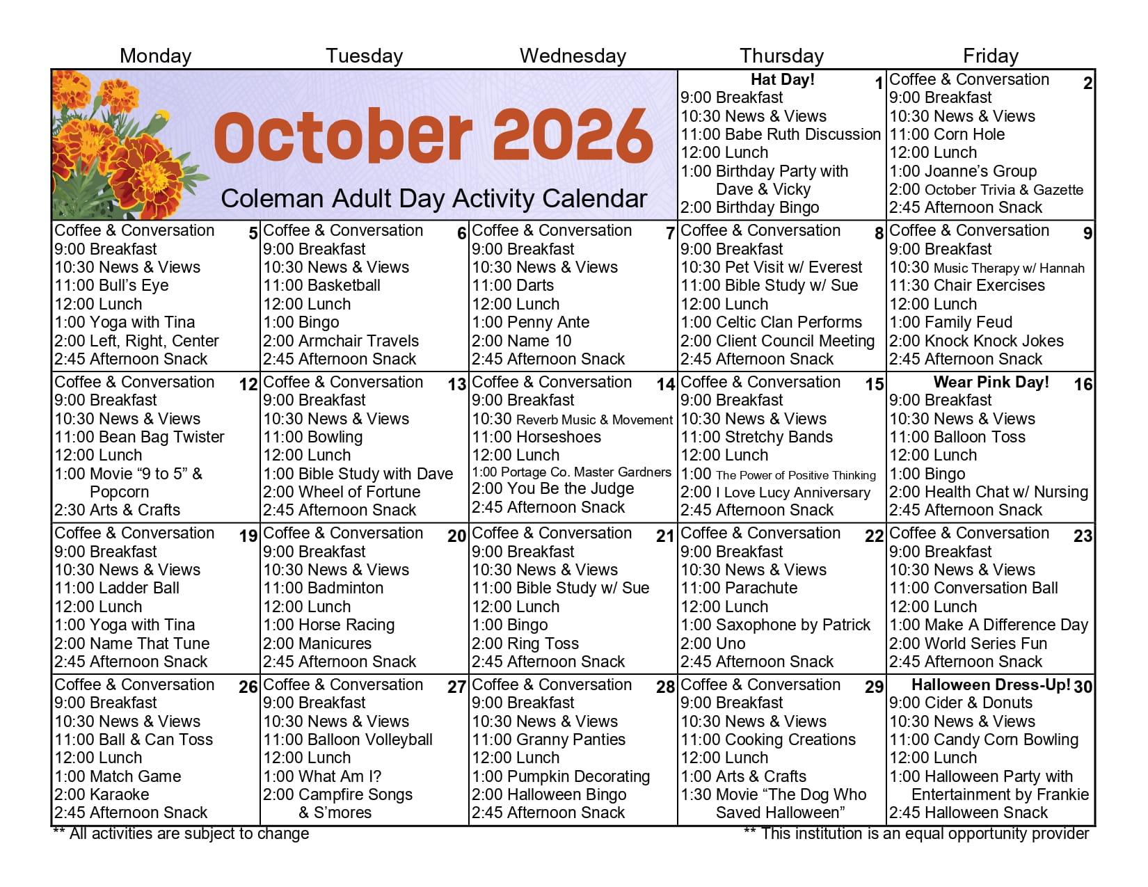 August 2026 Activity Calendar