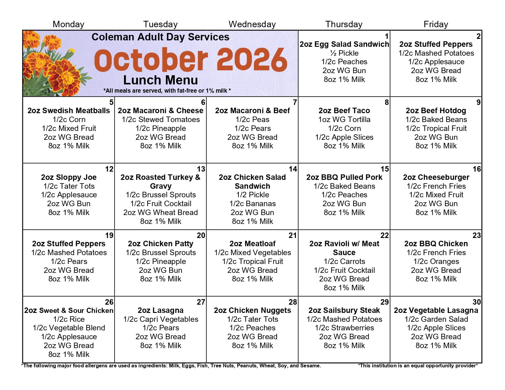 August 2026 Lunch Menu